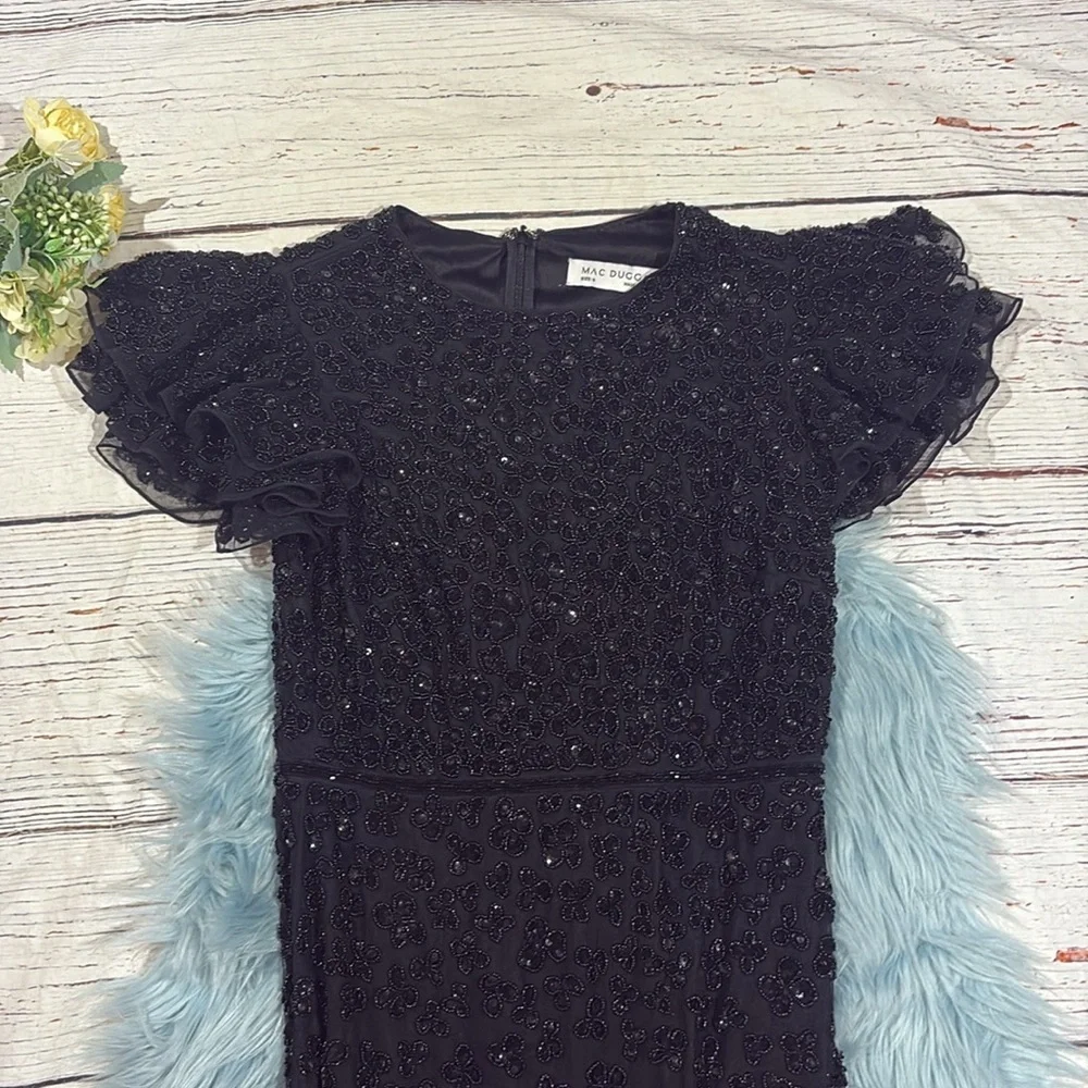 Mac Duggal HAND BEADED FLOUNCE SLEEVE MIDI DRESS Black Style 10771